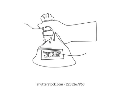 Single one line drawing hand holds a bag of zakat money. Ramadan activity Concept. Continuous line draw design graphic vector illustration.