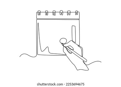 Single one line drawing Hand with pen mark calendar. Event planner concept. Continuous line draw design graphic vector illustration.
