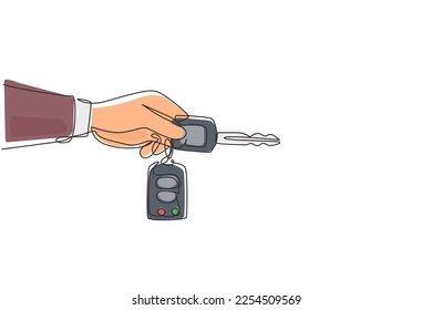 Single one line drawing hand holding car key and alarm system. Male hand holding car key with alarm keychain. Hand of car salesman manager holding key. Continuous line draw design graphic vector