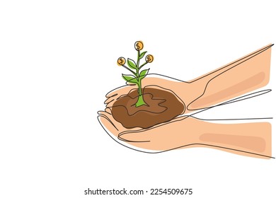 Mano de dibujo de una sola línea sosteniendo un árbol de dinero en el bosque verde de la naturaleza. Empresario sostiene un árbol de dinero en crecimiento. Concepto de inversión. Ilustración gráfica de diseño de trazos de línea continua