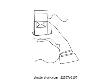 Single one line drawing hand send email on smartphone. social media concept. Continuous line draw design graphic vector illustration.