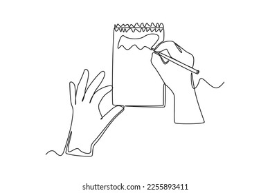 Single one line drawing hand holding pens  writing on note. Education concept. Continuous line draw design graphic vector illustration.