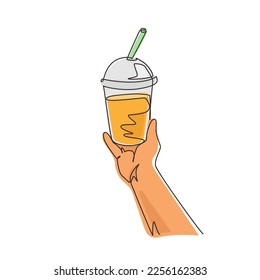 Single one line drawing hand holding plastic cup of famous Taiwanese bubble tea. Take away glass with sticker of pearl milk tea. Street Asian drinks at night market. Continuous line draw design vector