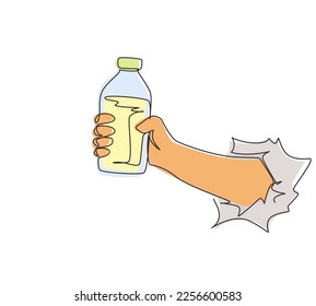 Single one line drawing hand holding fresh milk on bottle glass packaging healthy drink product through torn white paper. Fresh milk for health food. Continuous line draw design vector illustration