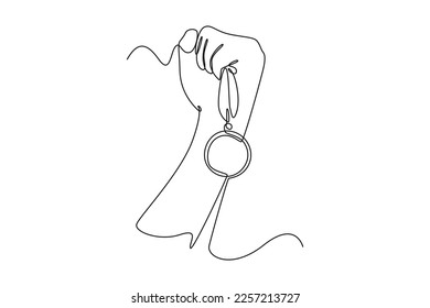 Single one line drawing hand hold medal. Personal development Concept. Continuous line draw design graphic vector illustration.