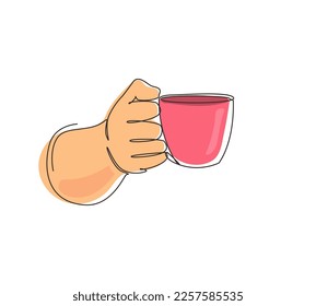 Single one line drawing hand holding hot coffee cup with steam, business person want to drink coffee. Hands worker want to drink coffee before work. Continuous line draw design vector illustration