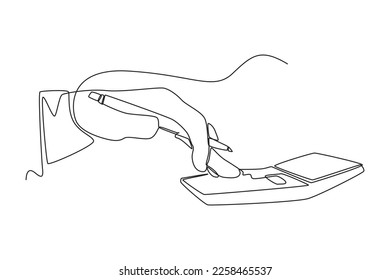 Single one line drawing Hand holding pen and finger touching calculator button. Tax concept. Continuous line draw design graphic vector illustration.