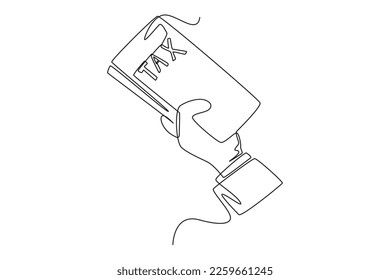 Single one line drawing hand holding tax form. Tax concept. Continuous line draw design graphic vector illustration.