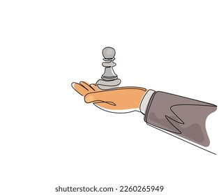 Single one line drawing hand holding pawn chess figure. Business strategy management. Partnership offer. Sport, competition, competitive, strategic. Continuous line draw design vector illustration