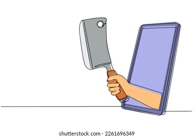Mano de dibujo de una sola línea sostiene cuchilla de cocina de carne, cuchillo de carnicero a través del teléfono móvil. Juegos de cocina móvil, aplicación de entretenimiento para smartphones. Ilustración vectorial de dibujo de línea continua