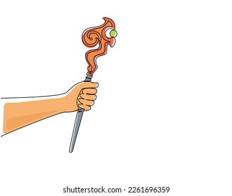 Single one line drawing hand holding wizards wooden staff. Bending stick witch magician halloween costume. Hand drawn black sketch outline engraving. Modern continuous line draw design graphic vector