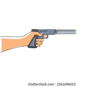 Einzeilige Zeichenkette, die eine Pistole mit Schalldämpfer hält. Mafia Gangster Gewehr mit Schalldämpfer, Handgewehr Silhouette, Gewehr einzeln auf Weiß. Modern-Stetig-Liniendesign, Vektorgrafik