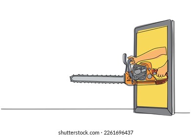 Single one line drawing hand holding chainsaw through mobile phone. Concept of lumberjack video games, e-sport, entertainment application for smartphones. Continuous line draw design graphic vector