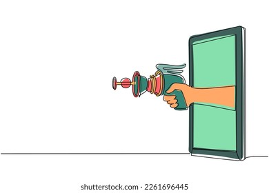 Single one line drawing hand holding space blaster through mobile phone. Concept of battle video games, e-sport, entertainment application for smartphones. Continuous line draw design graphic vector