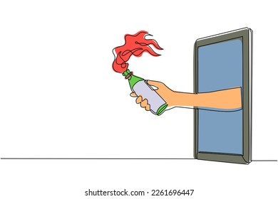 Dibujo de una sola línea con cóctel molotov a través del teléfono móvil. Concepto de videojuegos de batalla, e-sport, aplicación de entretenimiento para smartphone. Vector gráfico de diseño de trazos de línea continua