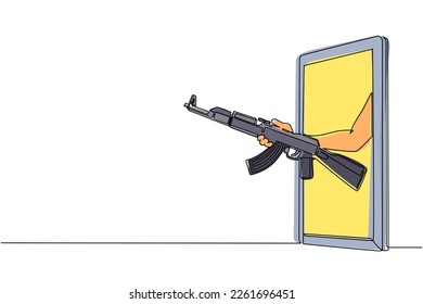 Mano de dibujo de una sola línea con rifle de asalto AK 47 kalashnikov a través del teléfono móvil. Concepto de videojuegos de batalla, e-sport, aplicación de entretenimiento para smartphones. Vector de diseño de traza de línea continua