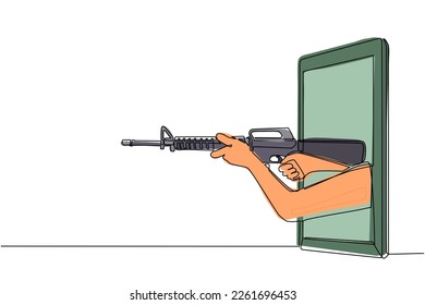 Dibujo de una sola línea con rifle de asalto M-16 a través del teléfono móvil. Concepto de videojuegos de batalla, e-sport, aplicación de entretenimiento para smartphones. Vector gráfico de diseño de línea continua