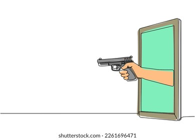 Una sola línea dibujando mano sosteniendo una pistola a través del teléfono móvil. Concepto de videojuegos de oficiales de policía, e-sport, aplicación de entretenimiento para smartphones. Vector gráfico de diseño de trazos de línea continua
