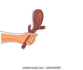 Dibujo de una sola línea con garrote primitivo de armas antiguas para cazar o para la guerra de las personas de las cavernas. Herramienta prehistórica para la supervivencia en edad de piedra. Moderno diseño de traza continua de línea vector gráfico