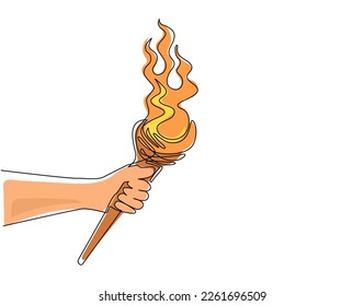 Una sola línea dibujando mano sosteniendo la antorcha sobre un palo. Arma primitiva. Club de quema. Herramienta o elemento primitivo antiguo para iluminación. Fuego y ramificación. Ilustración gráfica de diseño de trazos de línea continua