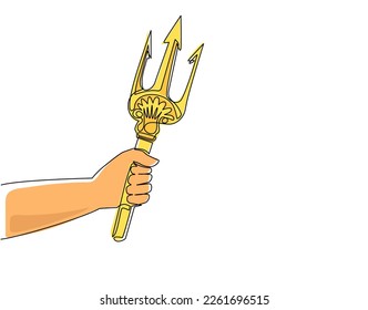 Single one line drawing hand holding trident. Three-pronged spear, weapon of Poseidon, Neptune. Tridents icon flat style isolated on white background. Continuous line draw design vector illustration