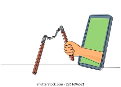 Einzelne Ziehhand, die Nunchaku über das Handy hält. Konzept der Videospiele, e-Sport, Unterhaltung Anwendung für Smartphones. Modernes Design für kontinuierliche Linien, Vektorgrafik