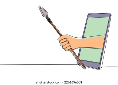 Single one line drawing hand holding ancient stone age spear through mobile phone. Concept of video games, e-sport, entertainment application for smartphone. Continuous line draw design graphic vector