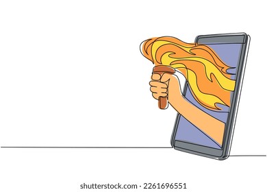 Single one line drawing hand holding torch through mobile phone. Concept of mobile games, e-sport, entertainment application for smartphones. Continuous line draw design graphic vector illustration