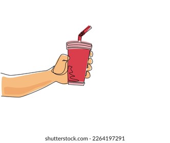 Una sola línea de dibujo con la mano sujeta la taza de papel. Mano masculina sujetando una taza de papel con paja sobre fondo blanco. Para el menú de bebidas de restaurante o cafetería. Ilustración de diseño de traza continua moderna