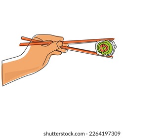 Single one line drawing hand holding Japanese, Chinese, Asian sushi, roll with pair of wooden chopsticks. Hand with chopsticks and sushi, roll with salmon. Modern continuous line draw design vector