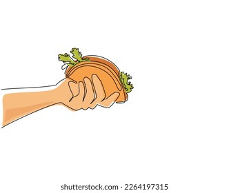 Single one line drawing hand holding mexican taco. Street junk food. Mexican meal. Hand holding tortilla. Bite and snack. For restaurant or cafe drink menu. Continuous line draw design graphic vector