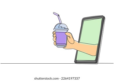 Einzeilige Zeichenkette, die eine Blase Teebecher mit Strohhalm durch das Handy hält. Konzept der Café-Getränke Bestellung Lieferung online Lebensmittel. Anwendung für Smartphones. Design-Vektorgrafik mit kontinuierlicher Linienzeichnung
