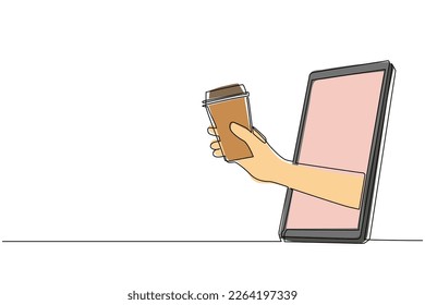 Single one line drawing hand holding coffee paper cup through mobile phone. Concept of cafe drink order delivery online food. Application for smartphones. Continuous line draw design graphic vector