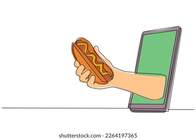 Single one line drawing hand holding hotdog through mobile phone. Concept of restaurant order delivery online food. Application for smartphones. Continuous line draw design graphic vector illustration