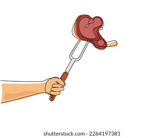 Una sola línea dibujando la mano sujetando el filete en la horquilla. Barbacoa, trozos de carne en la horquilla sosteniendo la mano, carne de comida, filete a mano dibujado. Planilla de picnic asador. Vector gráfico de diseño de trazos de línea continua