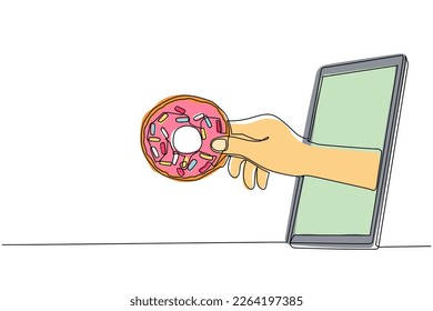 Single one line drawing hand holding donuts through mobile phone. Concept of restaurant order delivery online food. Application for smartphones. Continuous line draw design graphic vector illustration