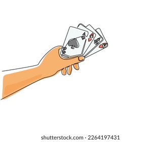 Single one line drawing hand holding four aces, poker playing card concept. Hand holds playing cards: spades, hearts, diamonds and clubs. Poker game symbol. Continuous line draw design graphic vector