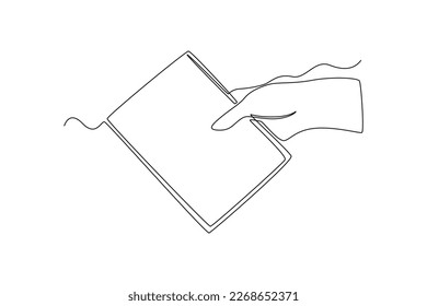 Single one line drawing hand hold book  World book day concept  Continuous line draw design graphic vector illustration 