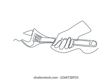 Single one line drawing hand holding wrench. Auto service concept. Continuous line draw design graphic vector illustration.