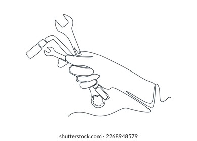 Single one line drawing hand hold spanner set. Auto service concept. Continuous line draw design graphic vector illustration.