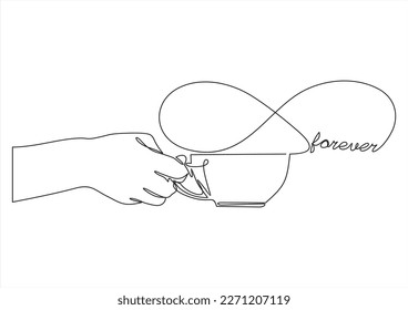 Single one line drawing hand holding cup of hot coffee or tea. Continuous line draw design graphic vector illustration.the word forever on it.