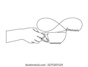 Einzeilige Zeichenkette, die eine Tasse heißen Kaffee oder Tee hält. Stetige Linie zeichnen Design Grafik Vektorgrafik.Das Wort für immer darauf.