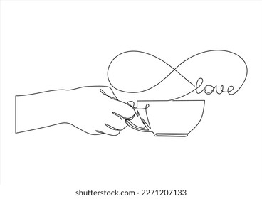 Single one line drawing hand holding cup of hot coffee or tea. Continuous line draw design graphic vector illustration.the word forever on it.