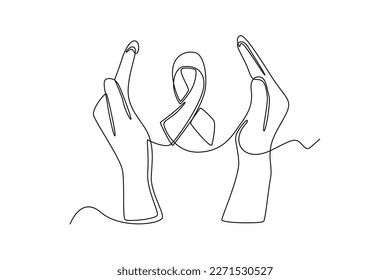 Single one line drawing hand protect ribbon. World health day concept. Continuous line draw design graphic vector illustration.