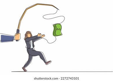 Single one line drawing hand with fishing pole and dollar cash control greedy businesswoman under hypnosis. Woman running after dangling dollar, trying to catch it. Continuous line draw design vector