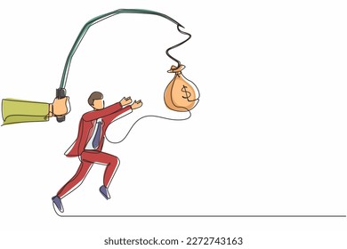 Single one line drawing hand with fishing pole and money bag control greedy businessman under hypnosis. Man running after dangling money bag and trying to catch it. Continuous line draw design vector