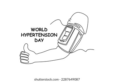 Single one line drawing the hand is checking the tension giving a thumbs up. World hypertension day concept. Continuous line draw design graphic vector illustration.