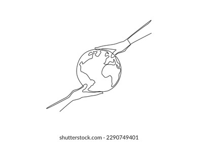 Single one line drawing hand and earth. Earth day concept. Continuous line draw design graphic vector illustration.