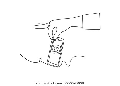 Mano de dibujo de una sola línea con smartphone. Concepto de medios sociales. Ilustración gráfica de vector de diseño de línea continua.