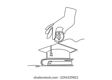 Single one line drawing hand hold coins on literacy. Financial literacy concept. Continuous line draw design graphic vector illustration.